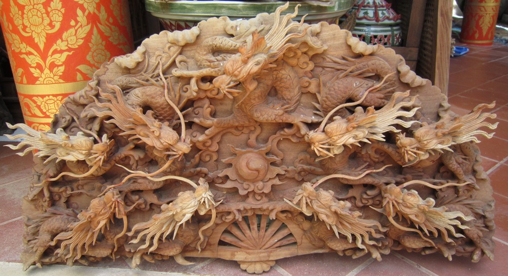 Hand Carved 9 dragons mahogany panel