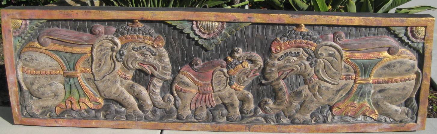 Extra Large Hand Carved Antique Elephants Panel
